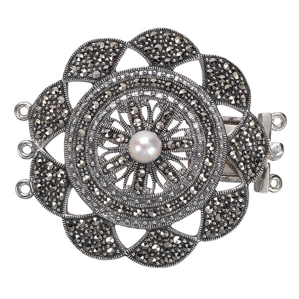Clasp tab 1pkg1 sterling silver / Signity® marcasite / freshwater pearl shell (natural), 40mm domed round, antiqued / white 3-strand image number 0