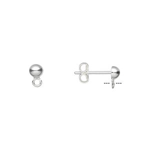Earstud 1pkg10 sterling silver, 4mm half-ball / open loop / earnuts, 5 pair