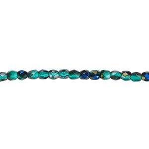 Bead, Czech fire-polished glass, green blue iris, 3mm faceted round. Sold per 15-1/2" to 16" strand.