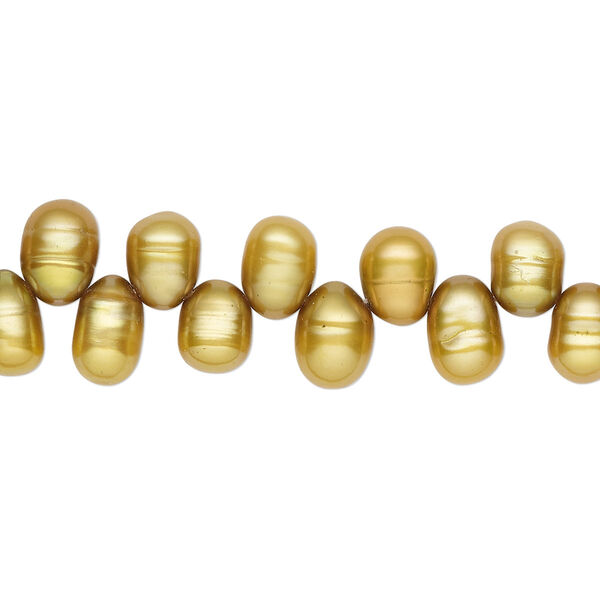 Pearl, cultured freshwater (dyed), golden olive, 6x5mm-8x5mm top-drilled rice with 0.4-0.5mm hole, D grade, Mohs hardness 2-1/2 to 4. Sold per 15-inch strand. image number 0