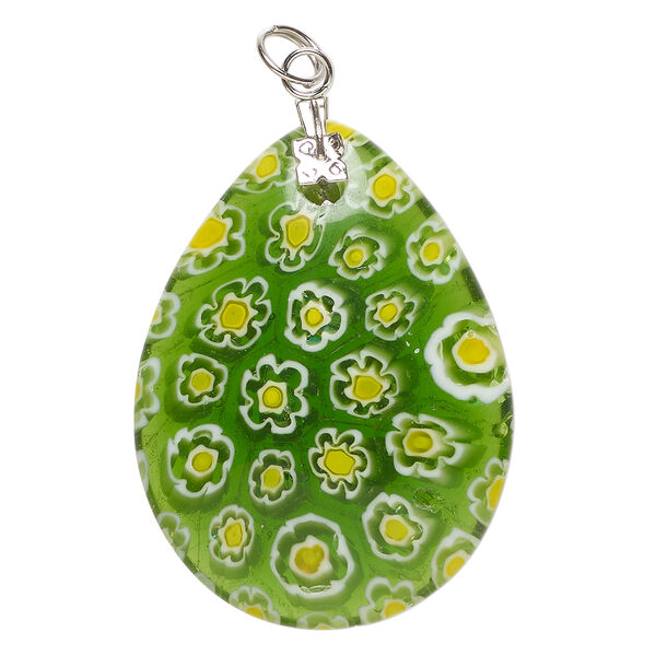 Focal, millefiori glass and silver-finished steel 1pkg1, translucent green / yellow / white, 39x30mm-40x31mm puffed teardrop. image number 0