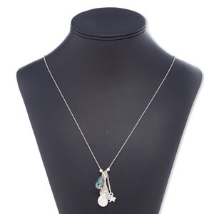 Necklace, glass rhinestone / glass / resin / silver-plated brass / steel / "pewter" (zinc-based alloy), multicolored, 1-inch dangle with teardrop, 28 inches with 2-inch extender chain and lobster claw clasp. Sold individually.