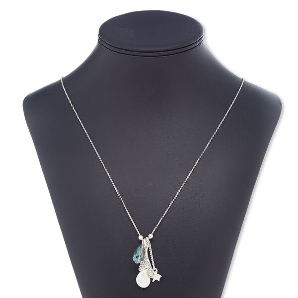 Necklace, glass rhinestone / glass / resin / silver-plated brass / steel / "pewter" (zinc-based alloy), multicolored, 1-inch dangle with teardrop, 28 inches with 2-inch extender chain and lobster claw clasp. Sold individually. image number 0