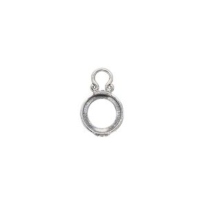 Drop, antiqued sterling silver, 9mm round with dot design and open back with 8mm 2-prong round cabochon setting. Sold individually.