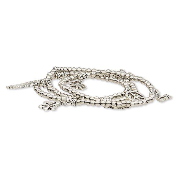 Bracelet, stretch wrap, antique silver-coated acrylic and antique silver-plated "pewter" (zinc-based alloy), 6-1/2 inches. Sold individually. image number 0
