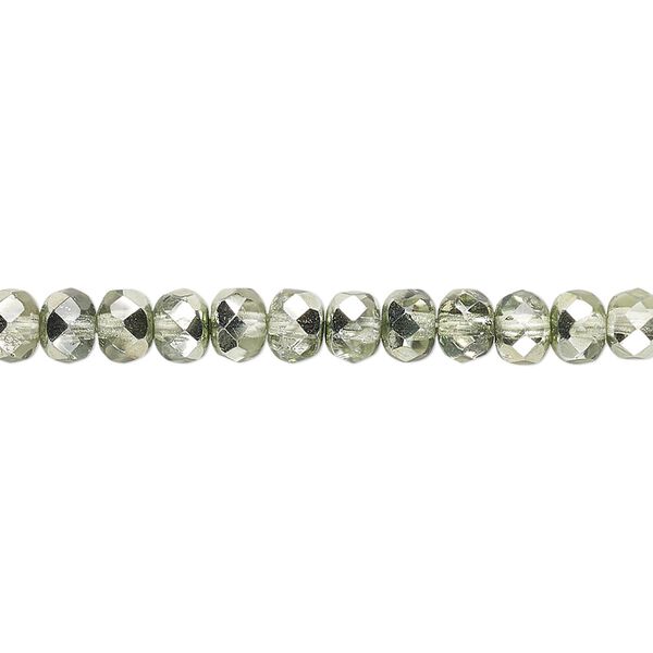 Bead, Czech fire-polished glass, metallic mint, 5x4mm faceted rondelle. Sold per 15-1/2" to 16" strand. image number 0