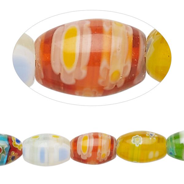 Bead, millefiori glass, translucent multicolored, 12x8mm puffed oval with flower design. Sold per 14-inch strand. image number 0