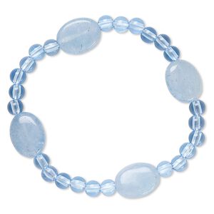 Bracelet, stretch, quartz (dyed) and acrylic, blue, 5mm round and 16x12mm-17x13mm flat oval, 6-1/2 inches. Sold individually.
