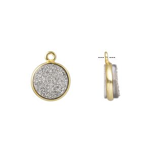 Druzy agate / sterling silver 1pkg1, electrocoated gold finished hand-cut flat round drop 11mm
