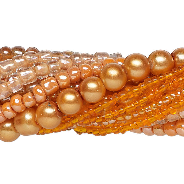 Bead assortment, glass, opaque to transparent light to dark orange, 3x1mm-6mm round and irregular rondelle. Sold per pkg of (8) 14-inch strands, approximately 1,200 beads. image number 0