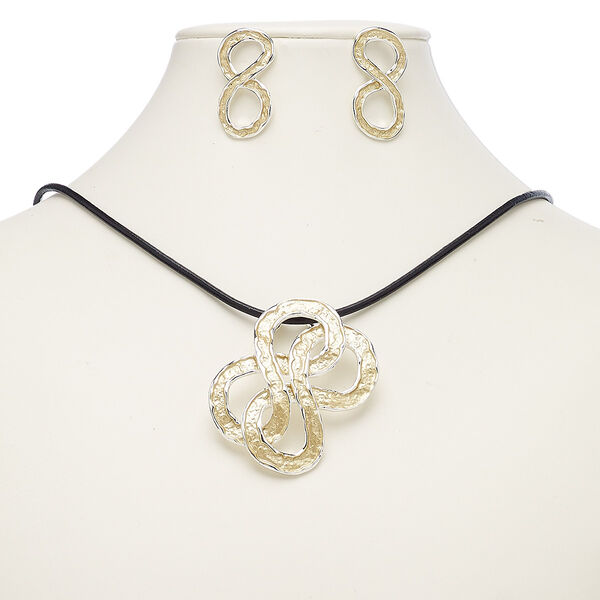 Necklace and earring set, leather (dyed) / enamel / imitation rhodium-finished steel / brass / "pewter" (zinc-based alloy), black and light yellow, 57x49mm knot, 18-inch necklace with 2-inch extender chain and lobster claw clasp, 34mm earrings with post. Sold per set. image number 0