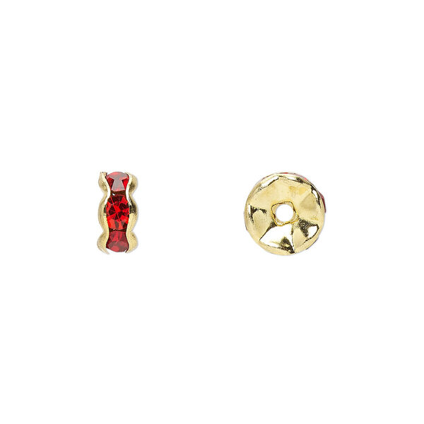 Bead, glass rhinestone and gold-finished brass, red, 7x3mm rondelle. Sold per pkg of 10. image number 0
