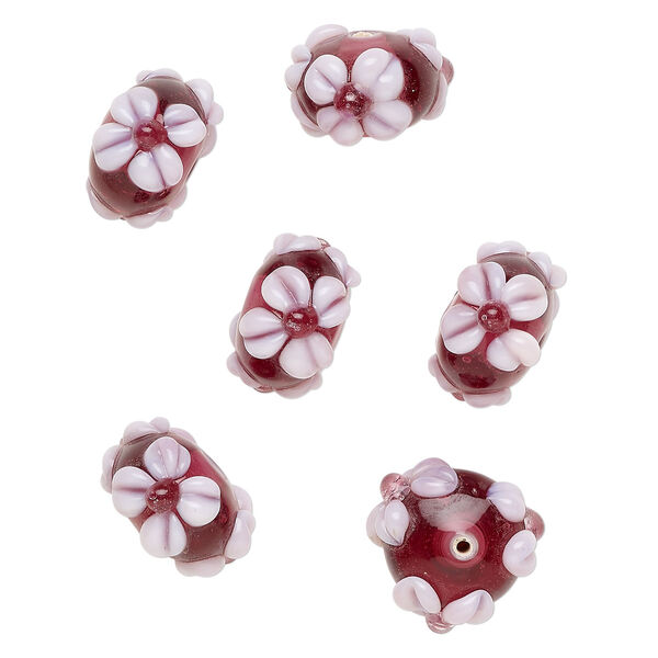 Bead, lampworked glass 1pkg6, translucent purple / light purple, 18x11mm rondelle with flowers. image number 0