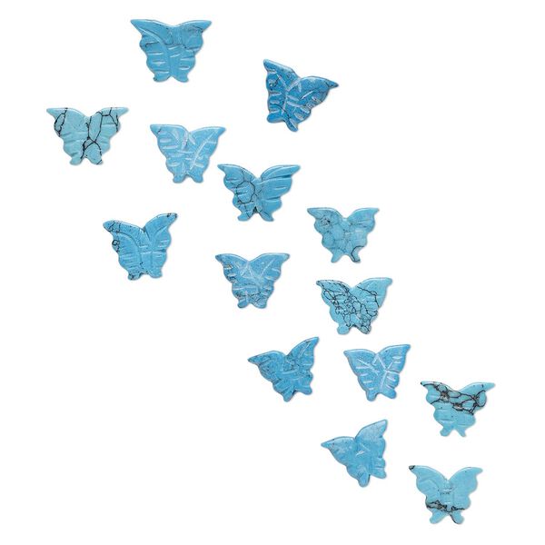 Bead, "turquoise" (resin) (imitation), blue, 14x11mm-16x11mm carved butterfly. Sold per pkg of 14. image number 0