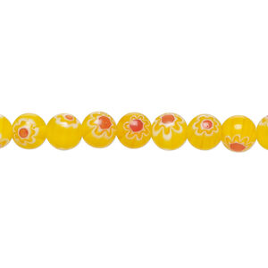 Bead, millefiori glass 1pkg1, translucent yellow-orange / red / white, 6mm round, 15 inches.