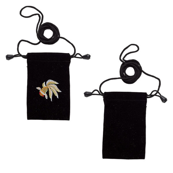 Pouch, velveteen with metallic embroidery, black and multicolored, 5x3 inches with koi design, 26-inch shoulder strap. Sold per pkg of 2. image number 0