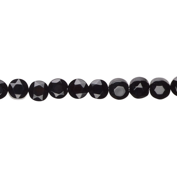 Bead, black onyx (dyed), 5x3mm faceted flat round, B grade, Mohs hardness 6-1/2 to 7. Sold per 15-1/2" to 16" strand. image number 0