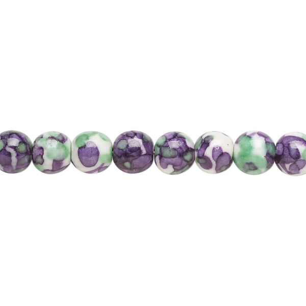 Bead, resin and painted ceramic, purple / green / white, 6mm round. Sold per 15-1/2" to 16" strand. image number 0