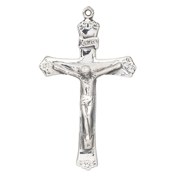 Focal, antiqued sterling silver, 43x28mm crucifix with flowers. Sold individually. image number 0