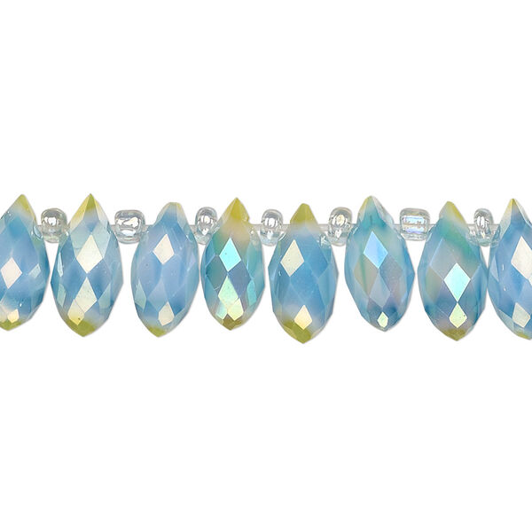 Bead, millefiori glass, marbled light blue and light yellow AB, 12x6mm top-drilled faceted teardrop. Sold per 6-inch strand, approximately 25 beads. image number 0