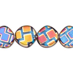 Bead, Czech pressed glass, semitransparent metallic rainbow blue, 15mm non-uniform flat round with geometric pattern. Sold per 15-1/2" to 16" strand.
