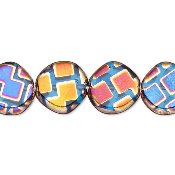 Bead, Czech pressed glass, semitransparent metallic rainbow blue, 15mm non-uniform flat round with geometric pattern. Sold per 15-1/2" to 16" strand. image number 0