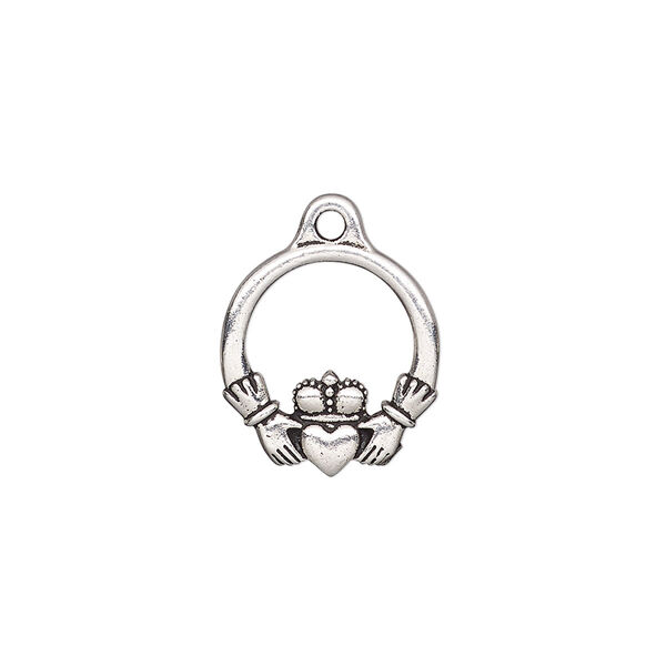 Charm, TierraCast®, antique silver-plated "pewter" (tin-based alloy), 16x14.5mm double-sided Claddagh. Sold per pkg of 20. image number 0