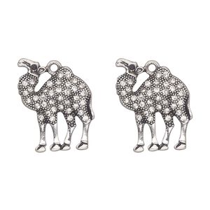 Charm, antique silver-finished "pewter" (zinc-based alloy) and glass, clear and black, 24x23mm single-sided camel. Sold per pkg of 2.