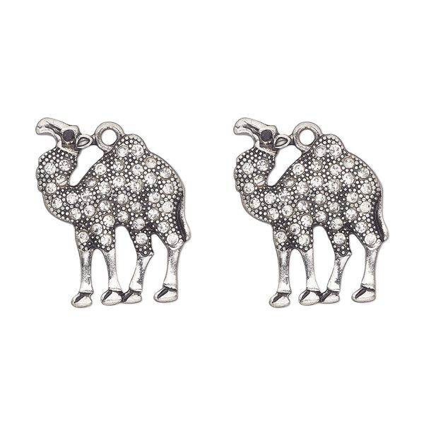 Charm, antique silver-finished "pewter" (zinc-based alloy) and glass, clear and black, 24x23mm single-sided camel. Sold per pkg of 2. image number 0