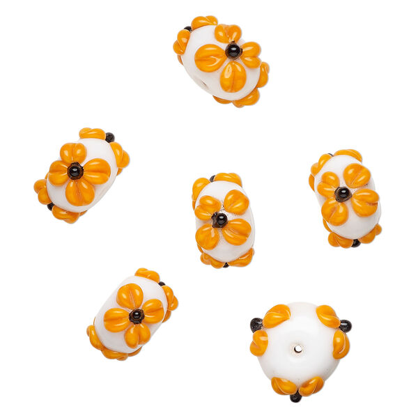 Bead, lampworked glass 1pkg6, opaque white / orange / black, 18x11mm rondelle with flowers. image number 0