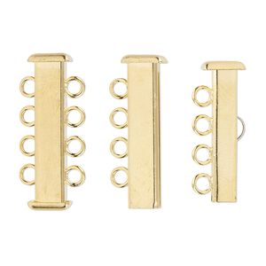 Clasp slide lock 1pkg4 gold-plated, 26x7mm rectangle tube, brass 4-strand