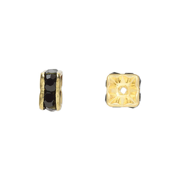 Bead, glass rhinestone and gold-finished brass, black, 8x4mm squaredelle. Sold per pkg of 10. image number 0