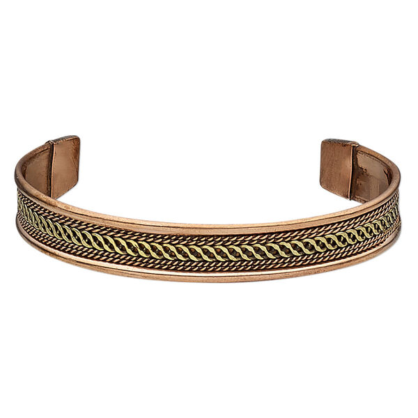Bracelet, cuff, antiqued copper and brass, 11mm wide with twisted wire and wave design, 8 inches. Sold individually. image number 0