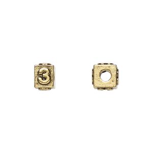 Bead, antique gold-plated pewter (tin-based alloy), 8x6mm rectangle with number "3." Sold per pkg of 4.