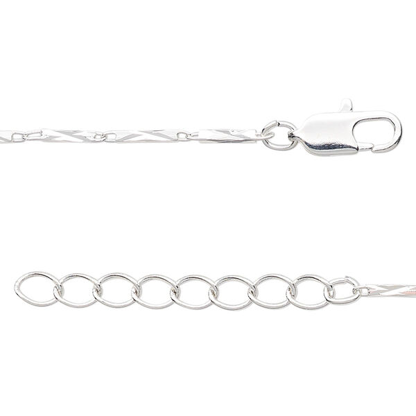 Chain, silver finish brass, 7x1.5mm diamond-cut rectangular tube link, 18 inches with 1-1/4 inch extender chain and lobster claw clasp. Sold individually. image number 0