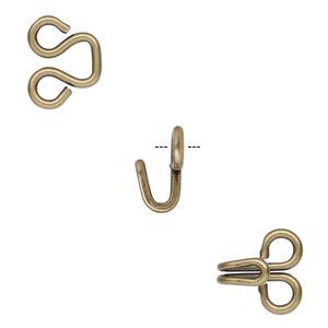 Clasp hook&eye 1pkg10 brass-plated, 20x14mm, brass antique 1-strand