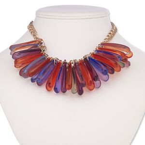 Necklace, acrylic / rose gold-coated plastic / rose gold-finished brass / steel, multicolored, 45x10mm teardrop, 18 inches with 2-inch extender chain and lobster claw clasp. Sold individually.