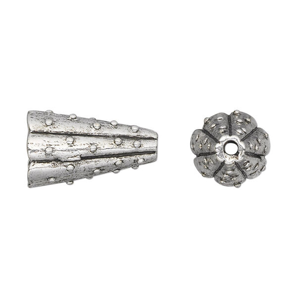 Cone, antique silver-plated pewter (tin-based alloy), 19.5x12mm with bumpy design, 8mm inside diameter. Sold per pkg of 2. image number 0