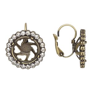 Ear wire leverback 1pkg2 JBB findings antique brass-plated, 20mm / 12mm rivoli glue-in setting, brass / crystal clear 1 pair