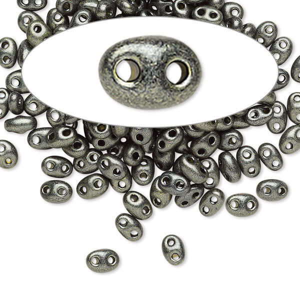 Seed bead, Preciosa Twin™ Czech glass, pkg/50g, 5x2.5mm oval, opaque khaki green terra pearl black, (28986). image number 0