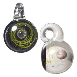 Drop, lampworked glass, clear / black / pink, 21mm round with yellow swirl / suspended sphere / glitter. Sold individually.