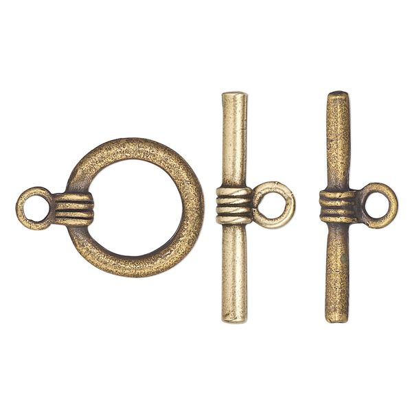 Clasp, toggle, pewter (tin-based alloy), pkg/1, antique brass plate, 16mm round with banded design. image number 0