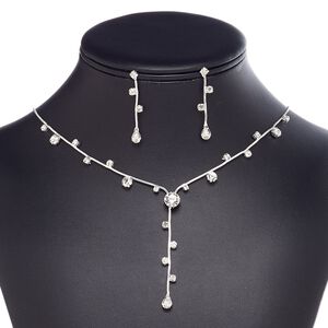 Necklace and earring set, glass rhinestone / plastic / imitation rhodium-plated brass / steel, clear, 2-1/2 inch dangle with cupchain and round, 15" to 16" necklace with 3-inch extender chain and lobster claw clasp, 39mm earrings with post. Sold per set.