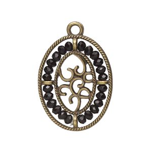 Drop, antique brass-finished "pewter" (zinc-based alloy), black, 28x21.5mm oval with hearts and beaded border. Sold per pkg of 2.