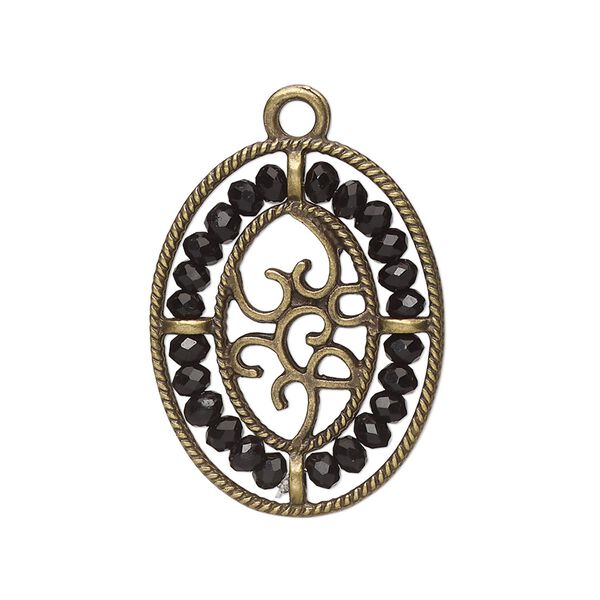 Drop, antique brass-finished "pewter" (zinc-based alloy), black, 28x21.5mm oval with hearts and beaded border. Sold per pkg of 2. image number 0