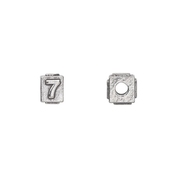 Bead, antiqued pewter (tin-based alloy), 8x6mm rectangle with number "7." Sold per pkg of 4. image number 0