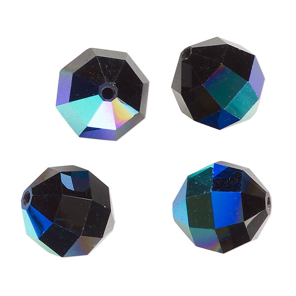 Bead 4pk black AB, vintage Preciosa Czech crystal 14mm round image number 0
