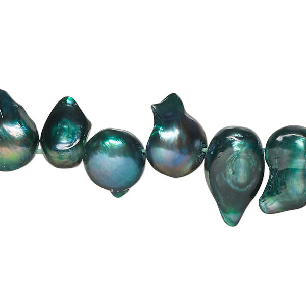 Pearl, cultured freshwater (dyed), spruce, 9x7mm-17x10mm baroque with 0.4mm hole, D grade, Mohs hardness 2-1/2 to 4. Sold per 15-inch strand. image number 0