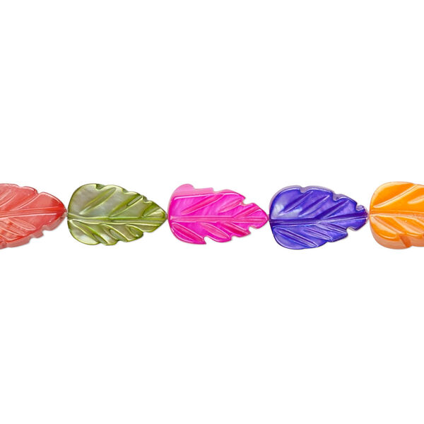 Bead, mother-of-pearl shell (dyed), multicolored, 10x6mm-11x7mm carved leaf, Mohs hardness 3-1/2. Sold per 14-inch strand. image number 0
