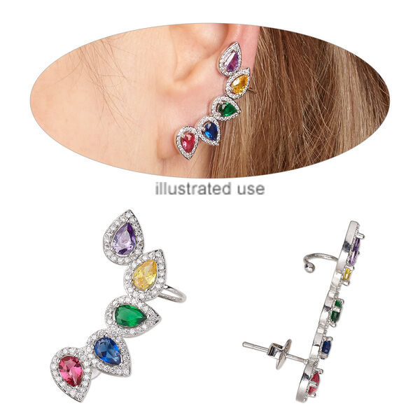 Ear climber, cubic zirconia and imitation rhodium-plated brass, multicolored, 36x20mm teardrops. Sold per pair. image number 0